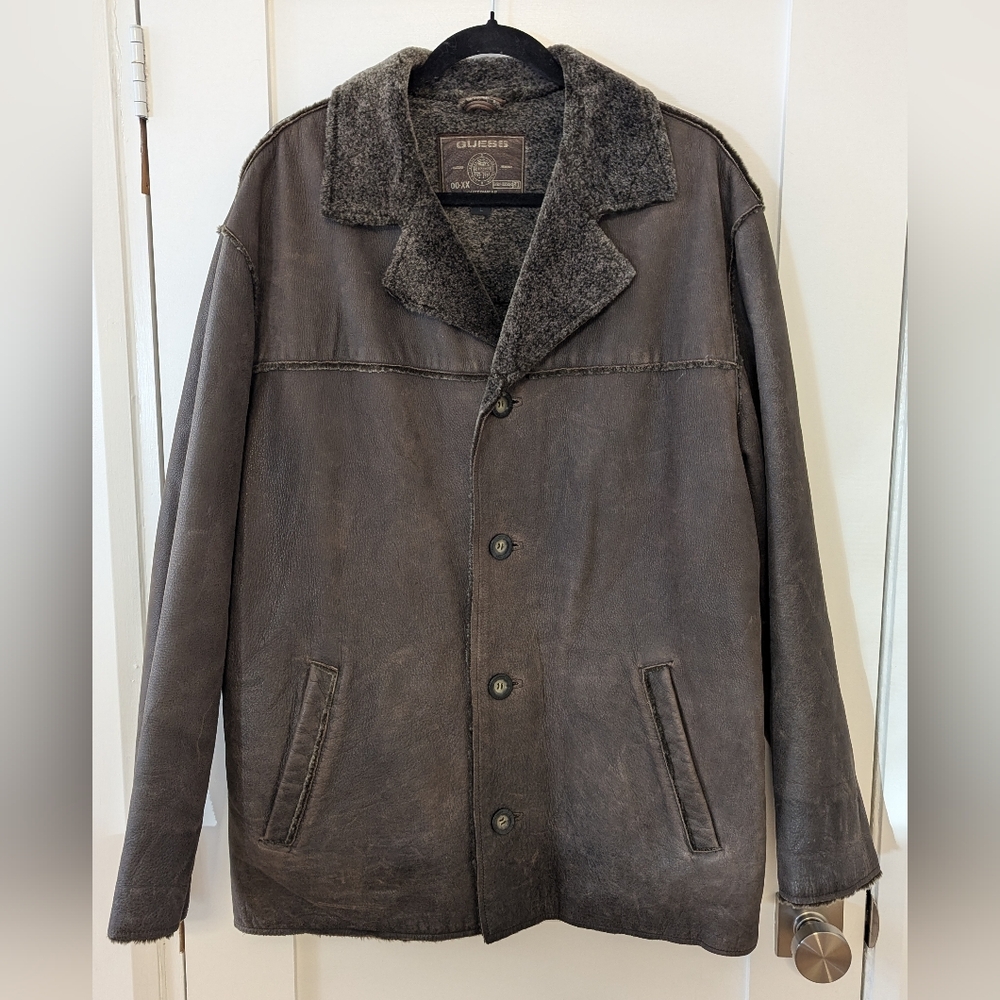 Vintage 90's Guess Leather Sherpa Faux Fur Jacket Large